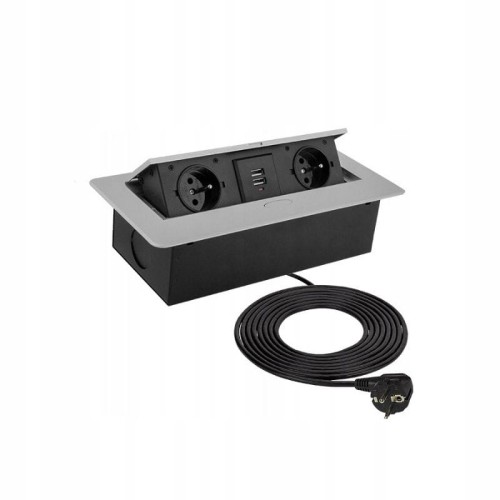 DESIGN LIGHT Kombi Box, 2 gniazda + USB, aluminium, przewód 3m