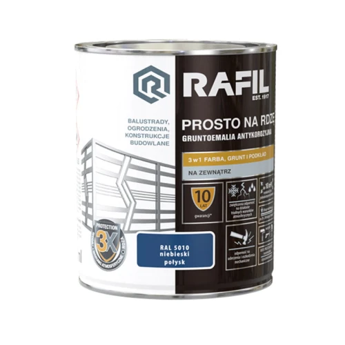 Rafil emalia prosto na rdzę niebieski RAL5010 połysk 0,75 L