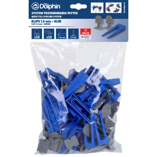 Blue Dolphin System Poziomowania Płytek klips 1,5mm - 50 szt. + klin 50 szt.