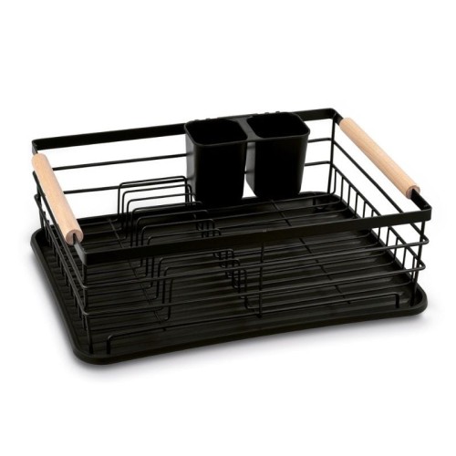 TADAR Suszarka do naczyń z ociekaczem i tacą 43x32x15 cm czarna drewniane uchwyty
