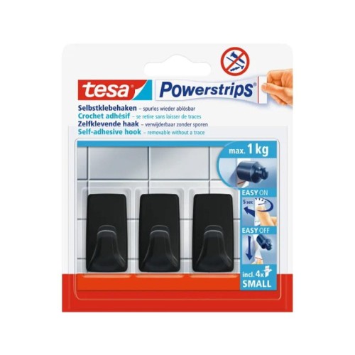 TESA Haczyk prostokątny mały 1 kg Powerstrips czarne 3 sztuki