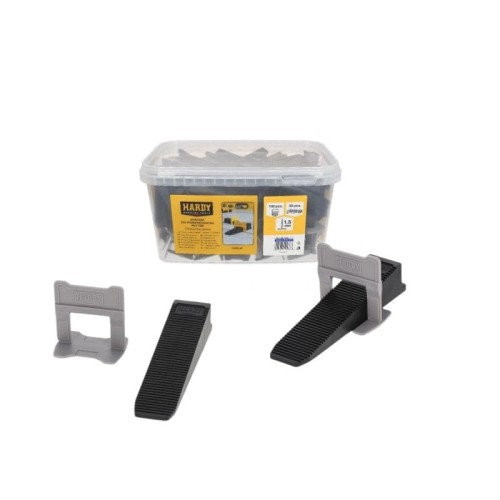 HARDY System poziomowania płytek 1,5 mm, klipsy 100 szt. kliny 50 szt. wiaderko