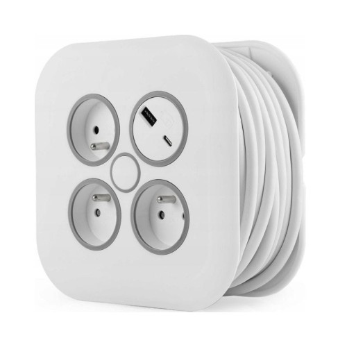 PLASTROL Przedłużacz zwijany 10m 3x1mm2 10A z bezpiecznikiem termicznym + USB-A + USB-C