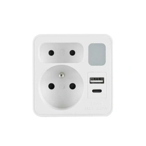 PLASTROL Rozgałęźnik sieciowy dwukrotny z lampką + 1x USB + 1x USB-C