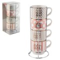 FLORINA Zestaw 4 kubków porcelanowych na metalowym stojaku Love and Wild 330 ml
