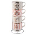 FLORINA Zestaw 4 kubków porcelanowych na metalowym stojaku Love and Wild 330 ml