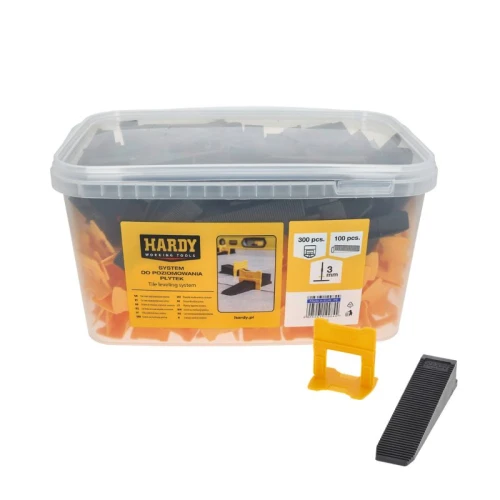 HARDY System poziomowania płytek 3 mm, klipsy 300 szt. kliny 100 szt. wiaderko