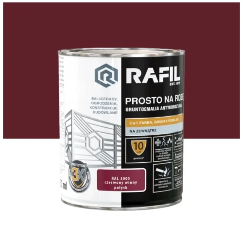 RAFIL Emalia prosto na rdzę RAL 3005 czerwony winny połysk 0,75L