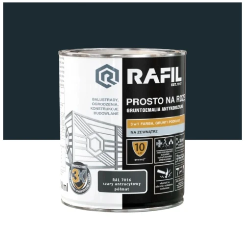 RAFIL Emalia prosto na rdzę RAL 7016 szary antracytowy półmat 0,75L