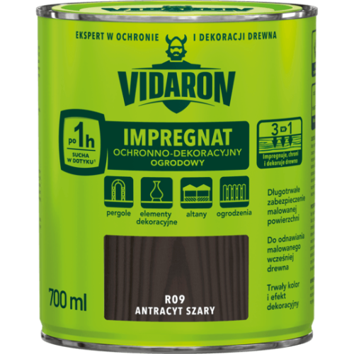 VIDARON IMPREGNAT OCHRONNO-DEKORACYJNY OGRODOWY R09 Antracyt Szary 0,7L