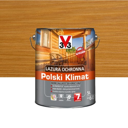 V33 LAZURA OCHRONNA POLSKI KLIMAT IMPREGNUJĄCO-DEKORACYJNA SOSNA SKANDYNAWSKA 5L