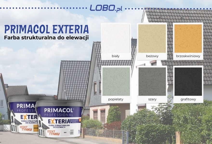 Paleta kolorów farba do elewacji strukturalna Exteria marki Primacol kolor biały, beżowy, brzoskwiniowy, szary, popielaty, grafitowy