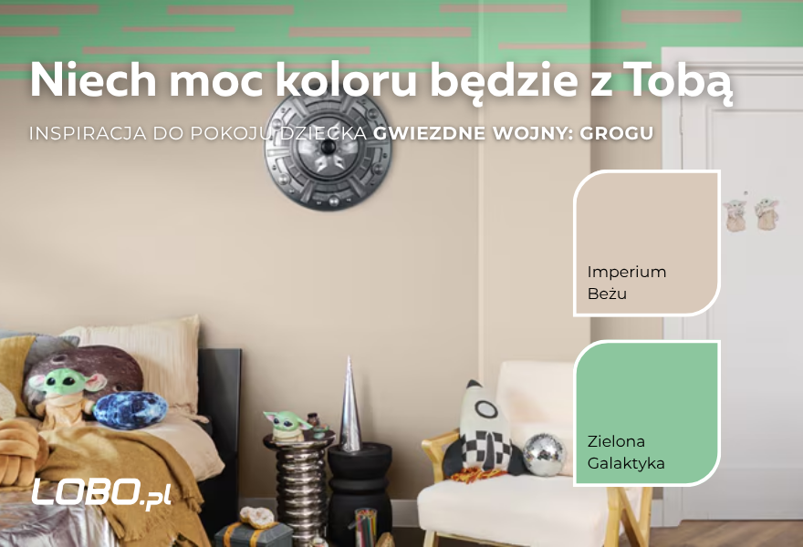 Grogu pokój dziecka, pokój Grogu inspiracje, Gwiezdne Wojny pokój dziecka, Star Wars pokój dziecka, Dulux Grogu, Dulux Star Wars, kolory do pokoju Grogu, kosmiczny pokój dziecka, pokój dziecka Star Wars, zielony pokój dziecięcy
